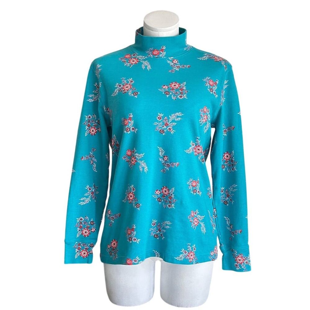Lands' End Women's Size M Blue Floral Mock Neck Long Sleeve Top Casual